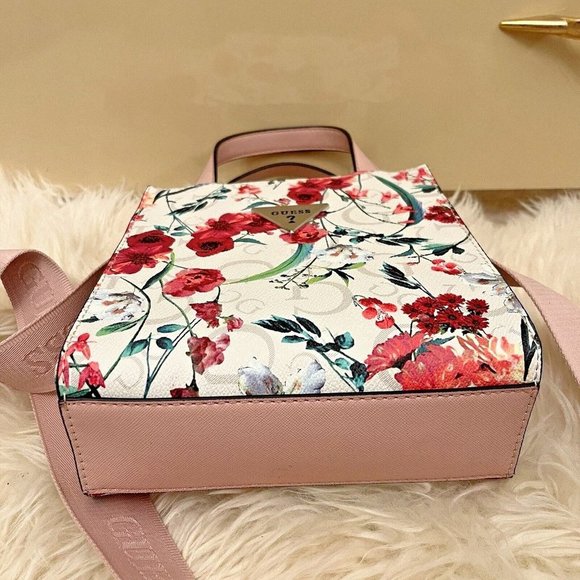 Guess Lyle Mini Floral Print Boho Crossbody Hand Shoulder Bag White Pink NWT - Picture 4 of 8